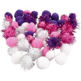 Pompoms, purple, light red, white, D 15+20 mm, 48 asstd./ 1 pack [HOB-51884]