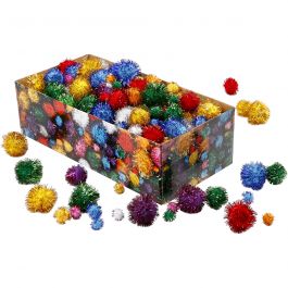 Pompoms, bold colours, D 15-40 mm, glitter, 300 g/ 1 pack [HOB-51892]