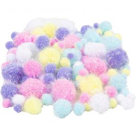 Pompoms, pastel colours, D 15-40 mm, glitter, 62 g/ 1 pack [HOB-518950]