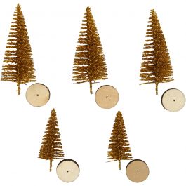 Christmas Spruce Trees, gold, H: 40+60 mm, 5 pc/ 1 pack [HOB-51959]