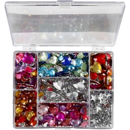 Rhinestones in Display Box, blue, pink, silver, Rounds. stars. hearts, D 6+7+9+10+11+12+14+16 mm, 300 pc/ 1 pack [HOB-52315]