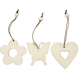 Wooden Ornament, flower, butterfly, heart, size 6 cm, 9 pc/ 1 pack [HOB-56731]