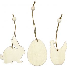 Wooden Ornament, rabbit, egg, hen, size 6 cm, thickness 3 mm, 9 pc/ 1 pack [HOB-56732]