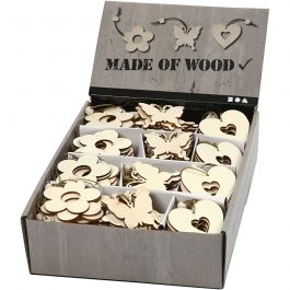 Wooden Ornament, flower, butterfly, heart, size 6 cm, thickness 3 mm, 200 pc/ 1 pack [HOB-56734]