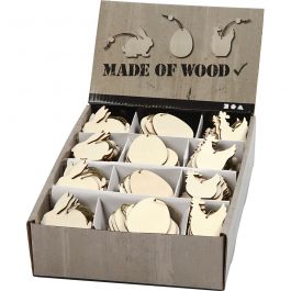 Wooden Ornament, rabbit, egg, hen, size 6 cm, thickness 3 mm, 200 pc/ 1 pack [HOB-56740]