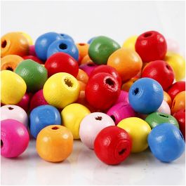 Wooden Beads Mix, assorted colours, D 10 mm, hole size 2,5-3 mm, 500 g/ 1 bag [HOB-57123]