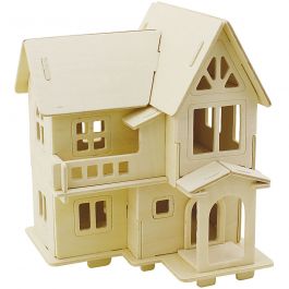 3D Wooden Construction Kit, House with balcony, size 15,8x17,5x19,5 , 1 pc [HOB-57877]
