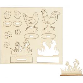 Self-assembly Figures, hens and flowers, L: 15,5 cm, W: 17 cm, 1 pack [HOB-57889]