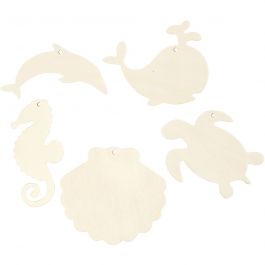 Sea creatures for hanging, Seahorse, turtle, dolphin, mussel and whale, H: 5-10 cm, hole size 3 mm, thickness 2 mm, 5 pc/ 1 pack [HOB-57972]