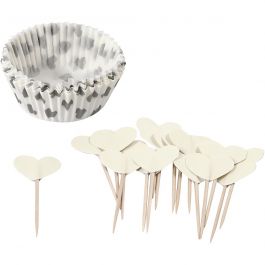 Cupcake cases and picks, off-white, H: 3 cm, D 5 cm, 40 g, 24 set/ 1 pack [HOB-59150]