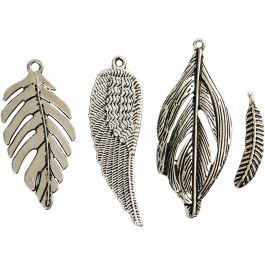 Feather, antique silver, D 29-55 mm, hole size 12-20 mm, 4x10 pc/ 1 pack [HOB-63711]