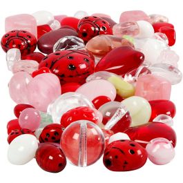 Glass beads, assorted colours, Ladybugs, leaves, hearts, size 5-22 mm, hole size 0,5-1,5 mm, 60 g/ 1 pack [HOB-684230]