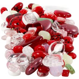 Glass beads, assorted colours, ladybirds, leaves, hearts, D 5-22 mm, hole size 0,5-1,5 mm, 350 g/ 1 pack [HOB-68423]