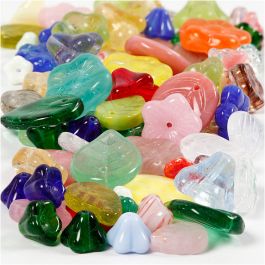 Glass beads, assorted colours, leaves, flowers, D 6-17 mm, hole size 0,5-1,5 mm, 60 g/ 1 pack [HOB-684260]
