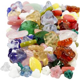 Glass beads, assorted colours, leaves, flowers, D 6-17 mm, hole size 0,5-1,5 mm, 350 g/ 1 pack [HOB-68426]