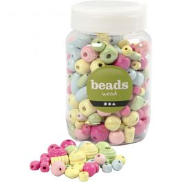 Wooden Beads, light blue, light green, light red, light yellow, D 10-15 mm, hole size 3-5 mm, 400 ml/ 1 bucket [HOB-684690]