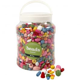 Wooden Beads, assorted colours, 850 g, size 5-28 mm, hole size 2,5-3 mm, 2 L/ 1 bucket [HOB-68476]