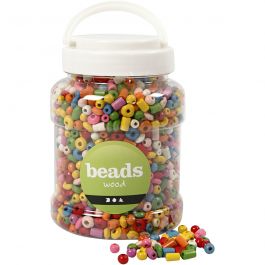 Wooden Beads, assorted colours, 175 g, D 5-8 mm, hole size 1,5 mm, 400 ml/ 1 bucket [HOB-68480]