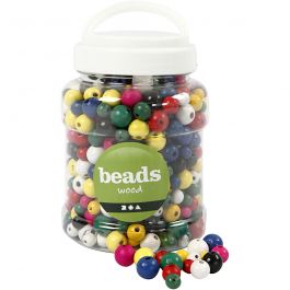 Wooden Beads, assorted colours, 175 g, D 8+10+12 mm, hole size 2-2,5 mm, 400 ml/ 1 bucket [HOB-68481]