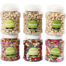 Wooden Beads, 6x200 g, D 5-25 mm, 6x400 ml/ 1 pack [HOB-68489]