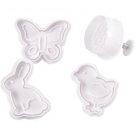 Cookie cutters with stamp, white, Easter egg, hare, chicken, butterfly, H: 5 cm, 4 pc/ 1 pack [HOB-782872]
