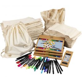 Drawstring and shopping bags with marker, assorted colours, size 27,5x30 cm, 1 set [HOB-97075]
