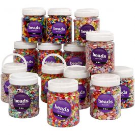 Plastic Beads, assorted colours, size 6-15 mm, hole size 1,5-6 mm, 16x700 ml/ 1 pack [HOB-99855]