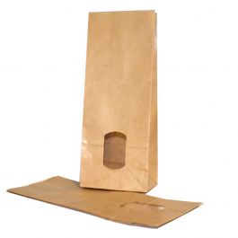 Block Bottom Bags Kraft Brown 10.5x6.5x27.5cm 70 g/m2 lined with 30my OPP Foil and clear Window | 500 grams (100 pieces) [PAB1015]