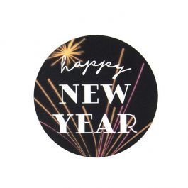 Stickers Round Happy New Year (Round Black w/ White Tekst) 3,8 cm (1 Sheet) [LS1HHNY]