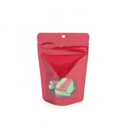 Stand Up Pouches Red With Oval Window 10,2x6x15,2cm With Hanghole (100 Pieces) [ZBGO2RH]